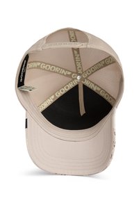Casquette beige avec un design en mesh et doublure intérieure noire. Présente la marque "GOORIN" sur les sangles et une visière courbée. Matériau léger.