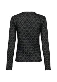 Haut en dentelle noir à manches longues avec motif floral et géométrique, encolure ronde et tissu semi-transparent vu de dos sur fond blanc.