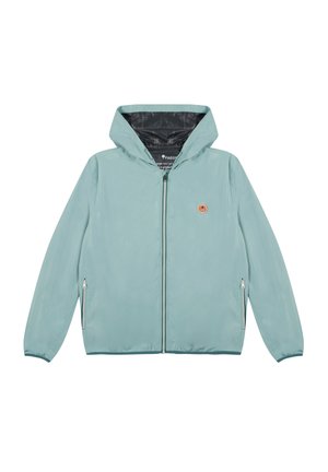 Light blue hooded jacket made from a smooth, lightweight material. Features a front zipper, side pockets, and a logo on the chest.