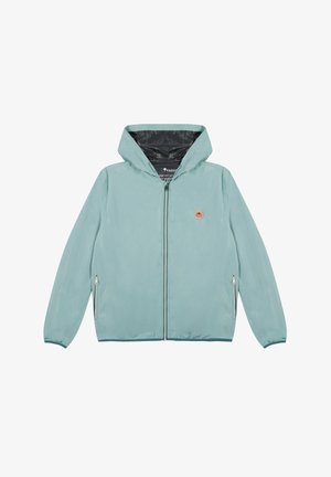 Helles blaues Kapuzenjackett aus einem glatten, leichten Material. Verfügt über einen durchgehenden Reißverschluss, seitliche Taschen und ein Logo auf der Brust.