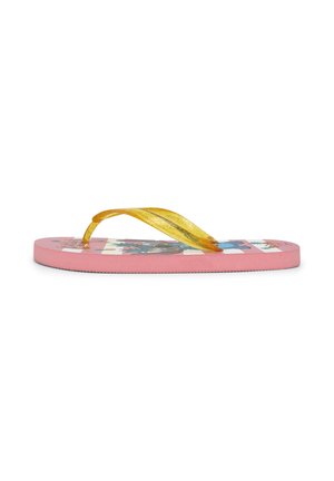 Infradito rosa con cinturini gialli glitterati e stampa di un personaggio dei cartoni animati sulla suola, mostrata da una vista laterale su sfondo bianco.