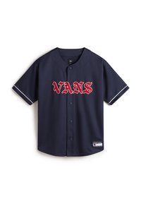 Navyblauw short-sleeve honkbalshirt met opvallende rode "VANS" letters, knopen aan de voorkant en witte accenten op de mouwen; gemaakt van ademend materiaal.