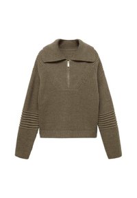 Olivově zelený pletený svetr se širokým límcem, půlzipem a žebrovanými detaily na rukávech a spodním lemu. Texturovaná, lehká látka.
