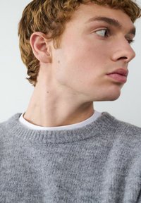 Grijze gebreide trui met een ronde hals, gestructureerde stof en geribbelde manchetten, gedragen over een witte hoge nek shirt. Close-up van het zijprofiel van het model.