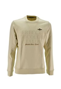 Felpa beige a maniche lunghe con testo in rilievo "Frecce Tricolori Italia", scritta "Aerobatic Team - Rivolto" e emblemma con ali sul petto.