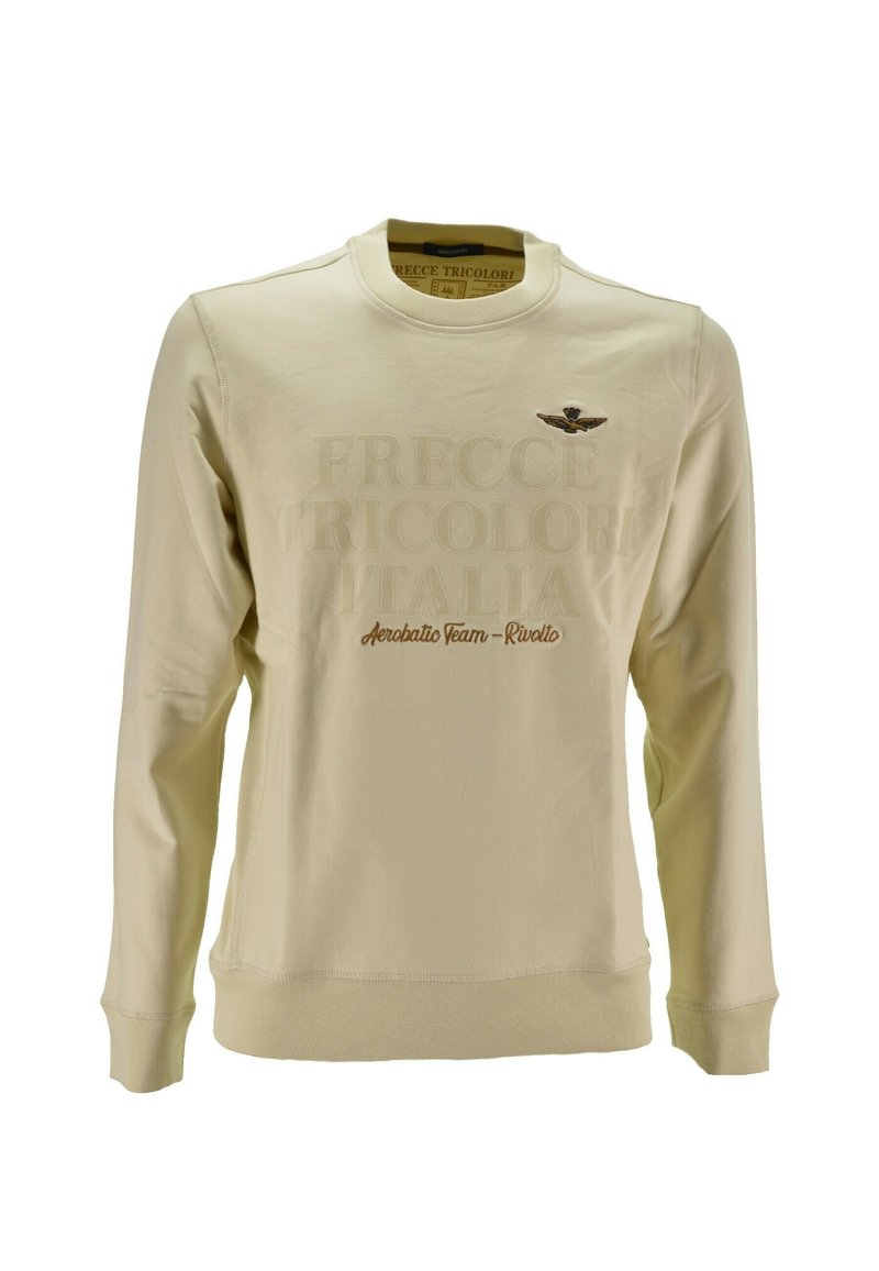 Felpa beige a maniche lunghe con testo in rilievo "Frecce Tricolori Italia", scritta "Aerobatic Team - Rivolto" e emblemma con ali sul petto.
