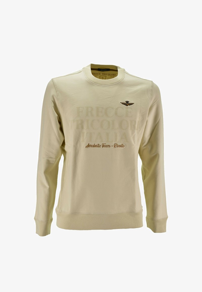 Felpa beige a maniche lunghe con testo in rilievo "Frecce Tricolori Italia", scritta "Aerobatic Team - Rivolto" e emblemma con ali sul petto.