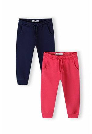Une paire de pantalons de jogging : un en bleu marine et un en rose. Les deux présentent des tailles élastiques, des cordons de serrage et des poches avant. Tissu doux avec des poignets côtelés.
