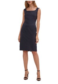 Navyblaues ärmelloses Kleid mit quadratischem Ausschnitt, knielang, tailliert geschnitten, mit seitlichen Taschen und einer glatten Stoffoberfläche.