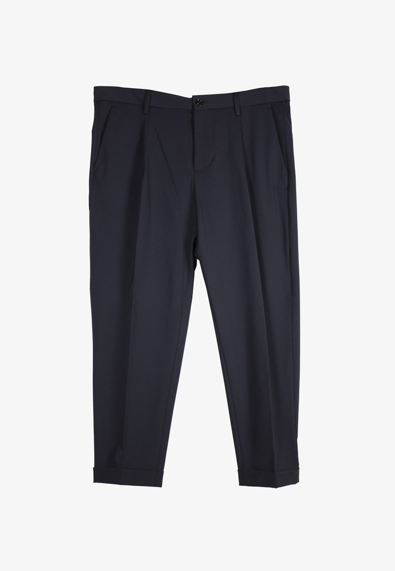 Dark navy blue tailored dress trousers with belt loops, button closure, side pockets, and cuffed hems.