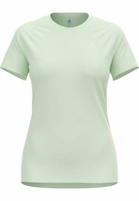 Light green short-sleeve t-shirt made of soft, textured fabric. Features a round neckline and a small logo on the chest.