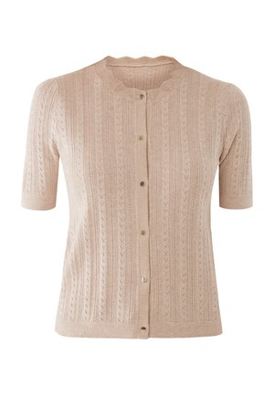 Brede gebreide cardigan in lichtbeige met een gemarmerd patroon van verticale lijnen en loofmotieven. Voorzien van korte mouwen en zes ronde knopen.