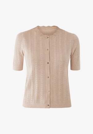 Strickjacke in Hellbeige mit einem strukturierten Muster aus vertikalen Linien und Blattmotiven. Verfügt über kurze Ärmel und sechs runde Knöpfe.