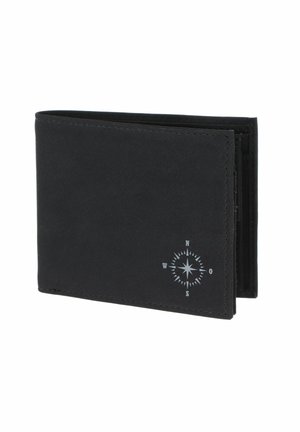 Portefeuille bi-pli noir avec un petit symbole blanc de rose des vents dans le coin inférieur droit.