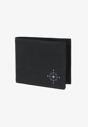 Portefeuille bi-pli noir avec un petit symbole blanc de rose des vents dans le coin inférieur droit.