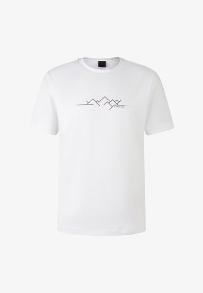 Bílý tričko vyrobené z hladkého materiálu, na hrudi s grafickým motivem šedých hor, s krátkými rukávy a klasickým kulatým výstřihem.