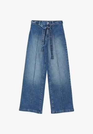 Pantaloni in denim a gamba larga di blu medio, con cintura a lacci, due cuciture anteriori e un taglio dritto con una texture leggermente sbiadita.