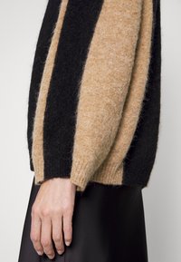 Strickpullover mit vertikalen Streifen in Schwarz und Camel, aus weichem Material mit leicht flauschiger Textur; eng anliegende Ärmelbündchen und Saum.