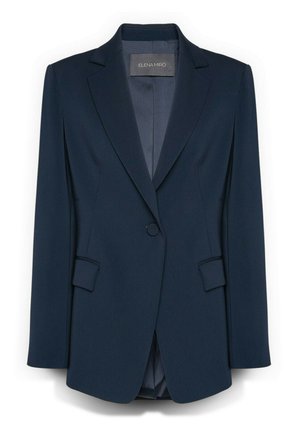 Marineblauwe blazer met enkele knoop, schuine revers en klepzakken, gelabeld Elena Mirò, weergegeven op een effen witte achtergrond.