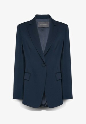 Marineblauwe blazer met enkele knoop, schuine revers en klepzakken, gelabeld Elena Mirò, weergegeven op een effen witte achtergrond.