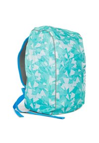 Zaino con un motivo geometrico turchese, realizzato in materiale leggero. Presenta spallacci blu, dettagli grigi e un pannello posteriore imbottito.