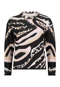 Pull noir et beige à motif avec manches longues, présentant des tourbillons abstraits et un col rond, confectionné en maille texturée.