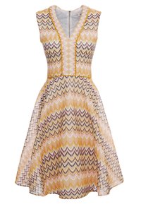 Abito senza maniche con scollo a V e gonna a ruota, realizzato in tessuto fantasia con strisce a zigzag gialle, rosa e nere.