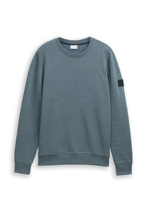 Svetlo modro-siv sweatshirt izdelan iz mehkega materiala. Ima okroglo ovratnico, rebraste manšete in majhen črn znak na rokavu.
