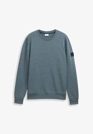 Svetlo modro-siv sweatshirt izdelan iz mehkega materiala. Ima okroglo ovratnico, rebraste manšete in majhen črn znak na rokavu.