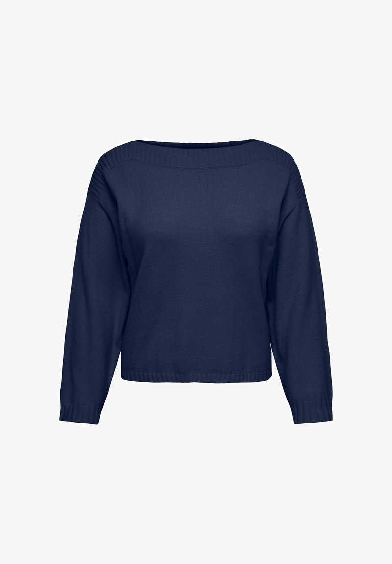 Pull en maille bleu marine à manches longues avec un large col rond et des poignets et un ourlet côtelés.