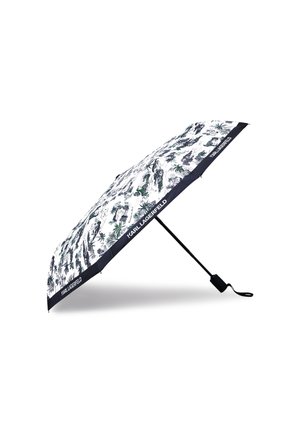 Kompaktowa czarna parasolka z białym płótnem ozdobionym botanicznym i architektonicznym nadrukiem, oznaczona marką "KARL LAGERFELD" na krawędzi.