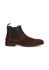 Bottines Chelsea en suede marron avec des panneaux latéraux en élastique et une languette. Elles sont dotées d'une semelle en cuir lisse et d'un design de bout arrondi pour le confort.