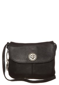 Black leather crossbody bag with a front flap, rounded metal clasp, and adjustable strap. Features smooth texture and minimalist design.