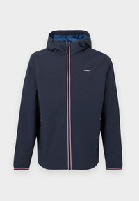 Ναυτικό αδιάβροχο μπουφάν με κουκούλα, με αντιθετική μπλε φόδρα και κόκκινες και λευκές ρίγες κατά μήκος του φερμουάρ και των μανσετών.