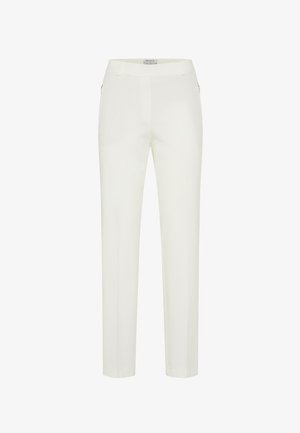 White tailored slim-fit pants with side pockets, belt loops, and a mid-rise waist.