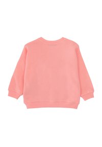 Felpa rosa, materiale in cotone morbido, design a girocollo, maniche lunghe, polsini e orlo a costine senza grafiche o motivi visibili.