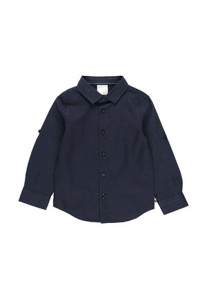 Langärmliges, marineblaues Hemd mit Knopfleiste, Kragen, Manschetten und geradem Saum, entworfen für Kinder.