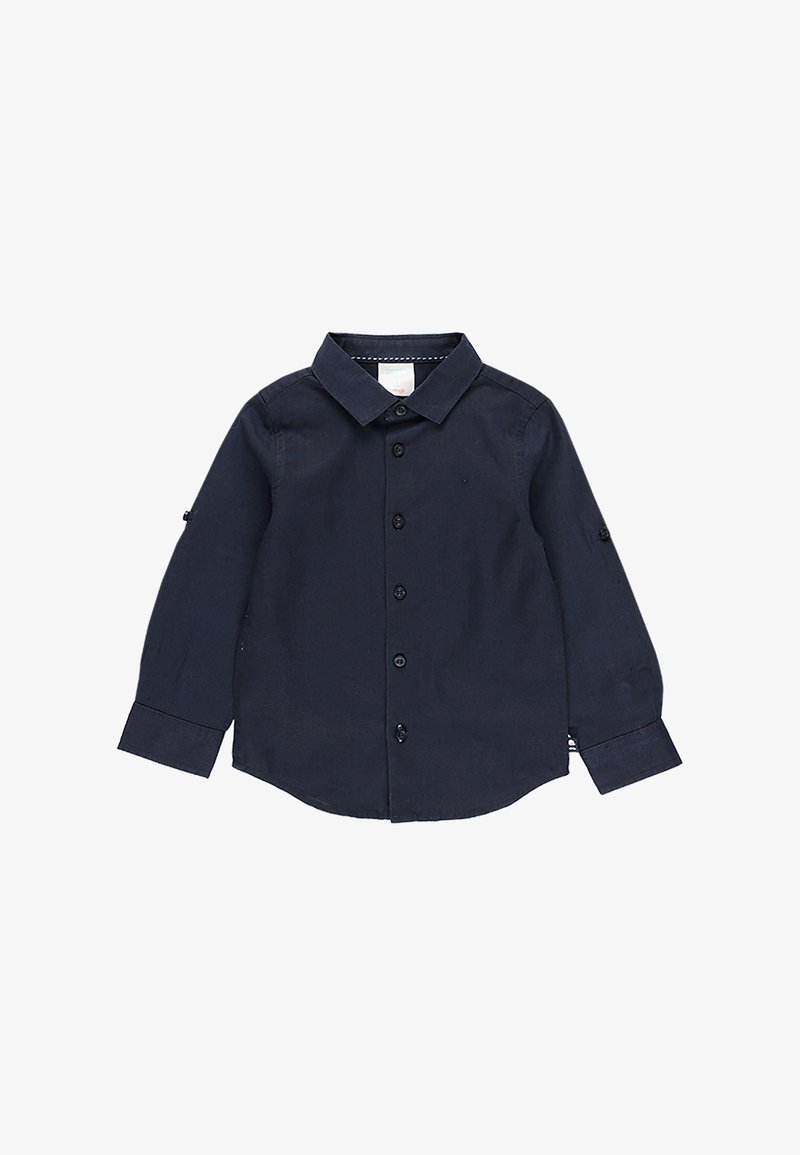 Chemise boutonnée bleu marine à manches longues avec col, poignets et ourlet droit, conçue pour les enfants.