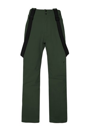 Grüne wasserdichte Outdoor-Hosen mit verstellbaren schwarzen Trägern, zwei Fronttaschen, glatter Textur und geradem Bein-Design.