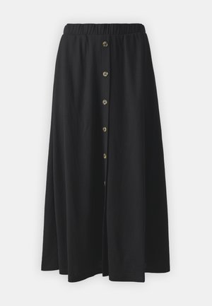 Fekete maxi szoknya rugalmas derékkal, elől gombos záródással, puha anyagból készült, sima textúrával és minták nélkül.