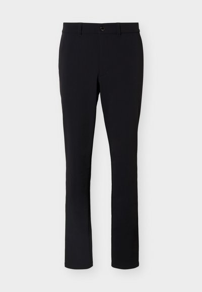 Pantalon noir droit avec passants pour ceinture, fermeture à boutons sur le devant et design lisse et épuré.