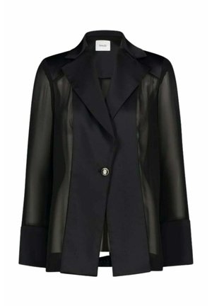 Blazer nero con maniche lunghe trasparenti, ampi risvolti, chiusura con un unico bottone decorato e polsini larghi, con etichetta "GAUDI" all'interno del colletto.