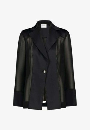 Blazer nero con maniche lunghe trasparenti, ampi risvolti, chiusura con un unico bottone decorato e polsini larghi, con etichetta "GAUDI" all'interno del colletto.