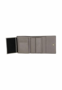 Gray wallet featuring a ribbed texture, multiple card slots, and a snap closure. It has a single ID window and a soft, smooth lining.
