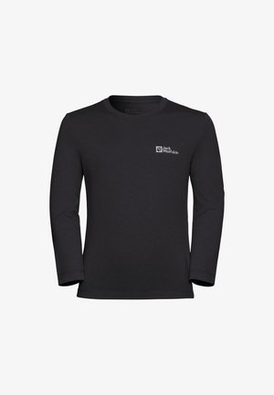 Maglietta nera a maniche lunghe realizzata in tessuto morbido. Presenta un collo rotondo e un piccolo logo sul petto. Design semplice con orlo.