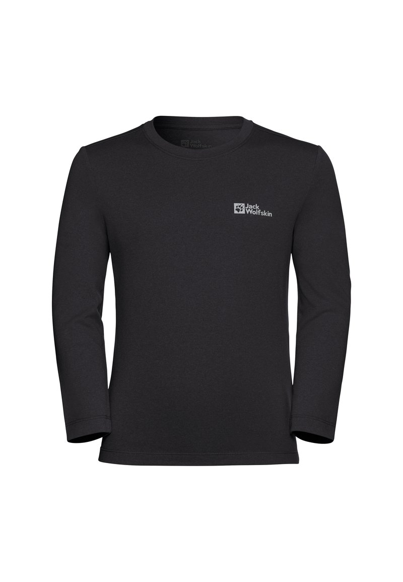 Zwarte langemouwen shirt gemaakt van zachte stof. Heeft een ronde hals en een klein logo op de borst. Eenvoudig ontwerp met een afgewerkte onderkant.