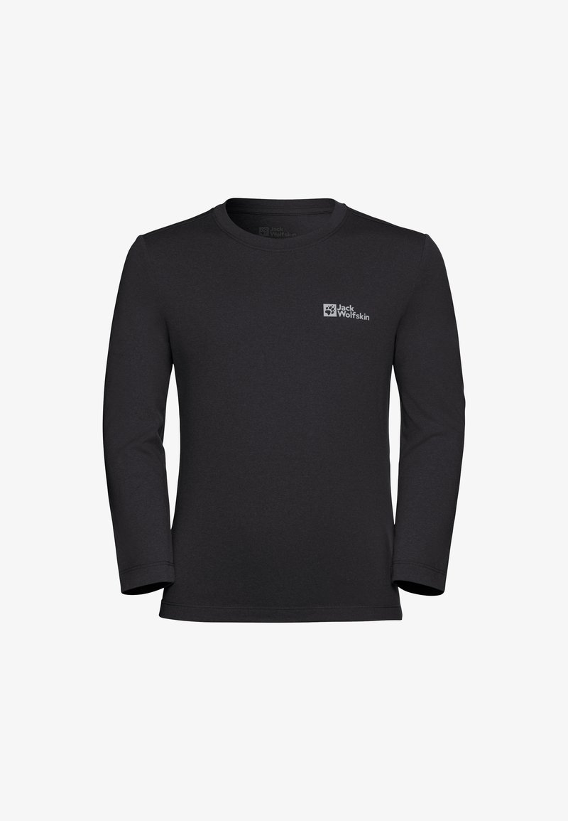 Zwarte langemouwen shirt gemaakt van zachte stof. Heeft een ronde hals en een klein logo op de borst. Eenvoudig ontwerp met een afgewerkte onderkant.