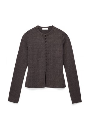 Tamsiai pilkas ilgarankovis kardiganas su audiniu aptrauktomis sagomis priekyje ir apvalia iškirpte, išdėliotas plokščiai ant balto fono.