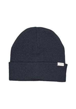 Dark navy knit beanie with a folded cuff, made of soft fabric. Features a small white label with "LINDEBERGH" on the side.