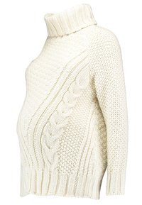 Sweter w kolorze kremowym, wykonany na drutach, z wysokim kołnierzem, ozdobiony teksturowymi wzorami i detalami w plecionce, zapewniający luźny krój dla komfortu.